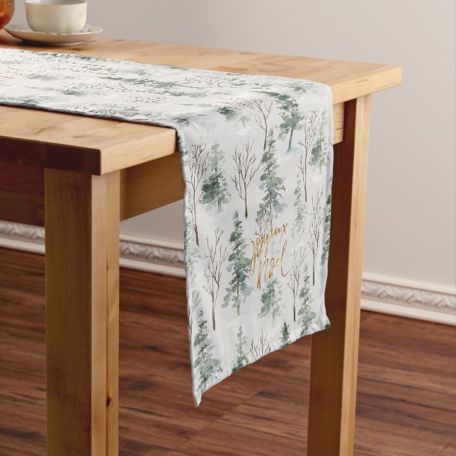 Winter Trees Joyous Noel Gold Typography Short Table Runner (In Situ)