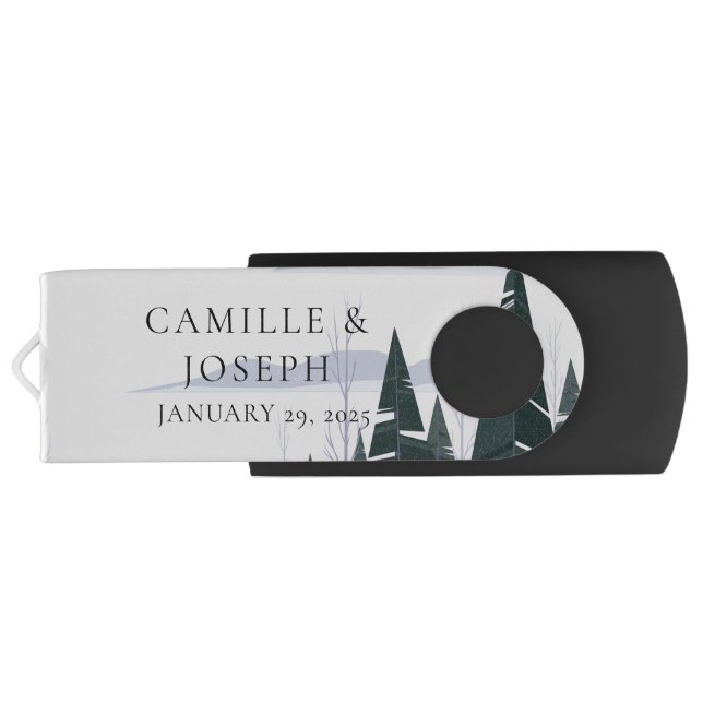Winter Trees Modern Snow Forest Wedding Flash Drive (Back)