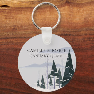 Winter Trees Modern Snow Forest Wedding Keychain