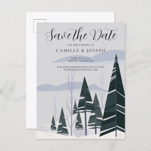 Winter Trees Modern Snow Green Forest Holiday Announcement Postcard