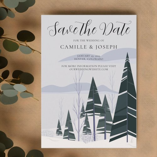 Winter Trees Modern Snow Green Forest Holiday Save The Date