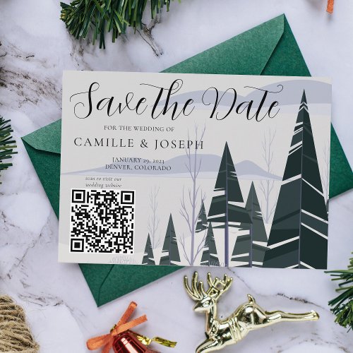Winter Trees Modern Snow Green Forest QR Code Save The Date