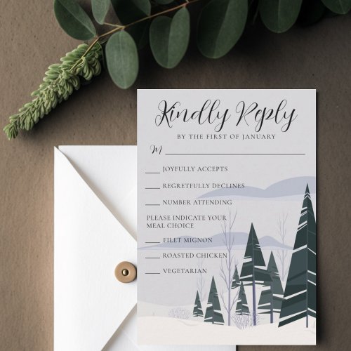 Winter Trees Modern Snowy Forest Holiday Wedding RSVP Card