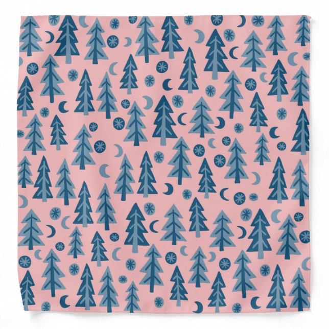 Winter Trees Moonlight Blue Pink Pattern Bandana (Front)