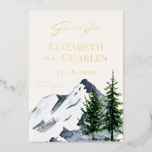 Winter Trees Mountains Holiday Save The Date Foil Invitation