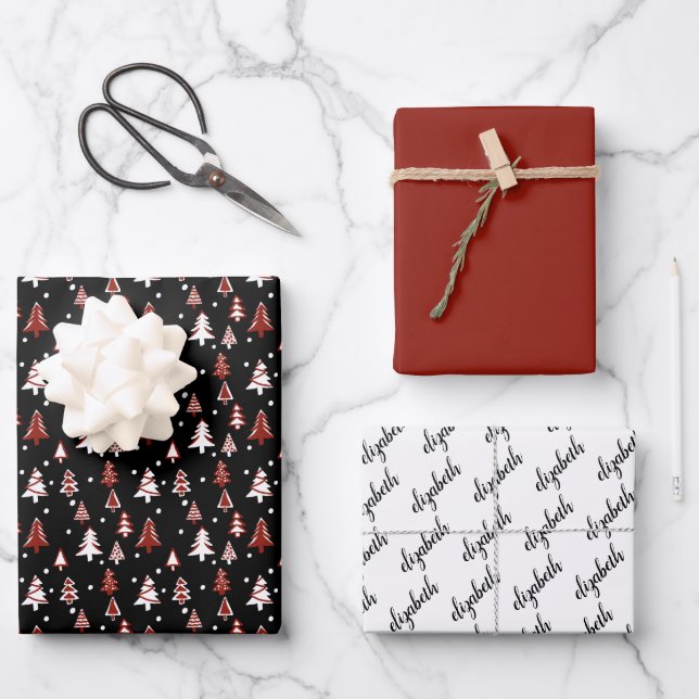 Winter Trees Red Black White Snow Name Wrapping Paper Sheets (Front)