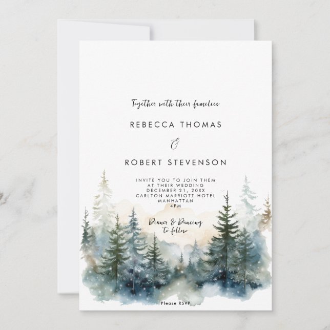 winter trees rustic holiday wedding invitation (Front)