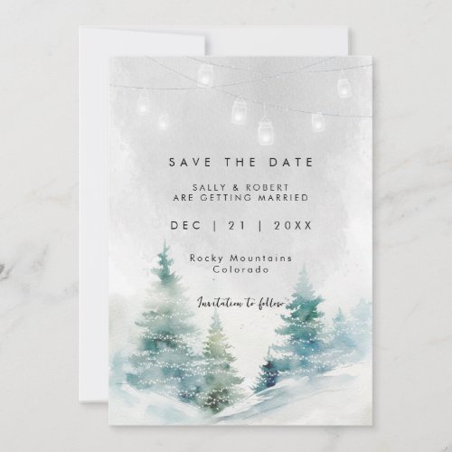 winter trees snow light save the date thank you card