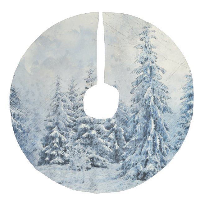 Winter Trees Snow Scene  Faux Linen Tree Skirt (Front)