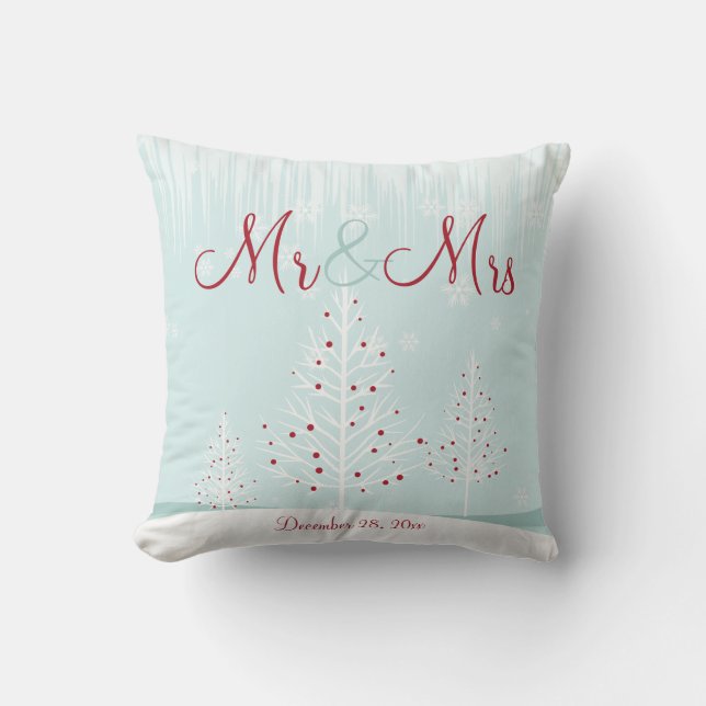 Winter Trees Snowflakes Mr & Mrs Wedding Memento Throw Pillow (Front)