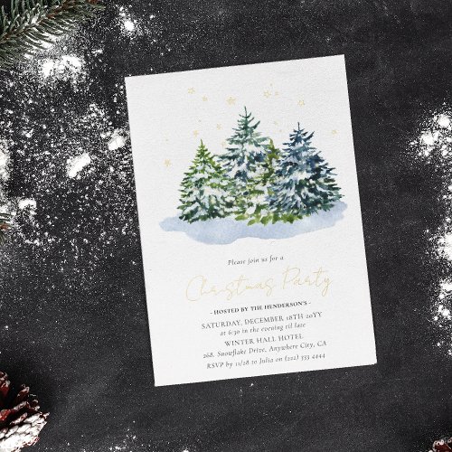 Winter Trees  Stars Christmas Party Holiday Gold Foil Invitation