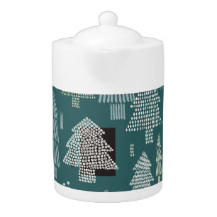 Winter trees, vintage Christmas pattern. Teapot