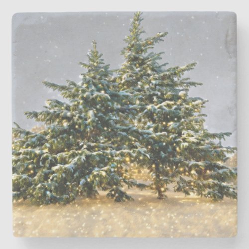 Winter Treescape Snow Falling Holiday Coaster