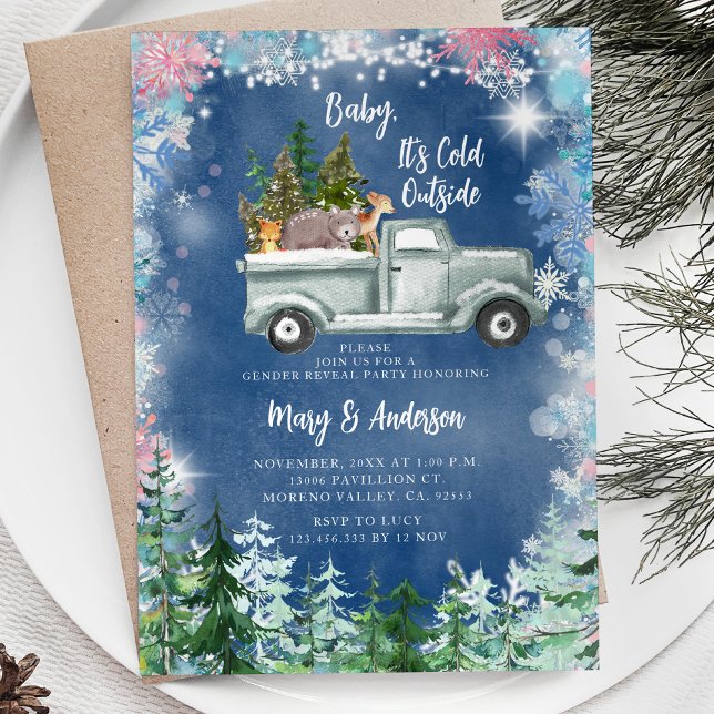 Winter Truck Animal Snowflakes Gender Reveal Invitation (Creator Uploaded)