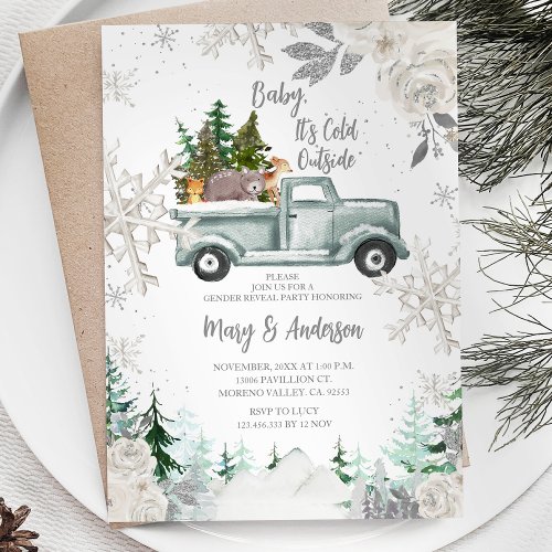 Winter Truck Animal White Floral Gender Reveal Invitation