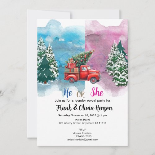 Winter Truck Forest Wonderland Gender Reveal Invitation