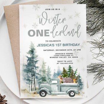 Winter Truck Onederland Forest 1st Birthday Invitation by HappyPartyStudio at Zazzle