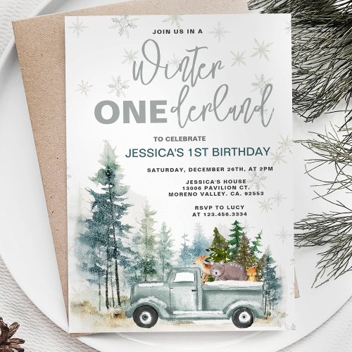 Winter Truck Onederland Forest 1st Birthday Invitation