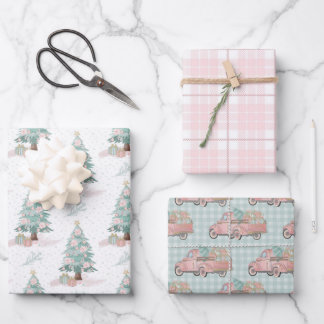 Winter Truck Tree Pink Plaid Pastel Christmas Wrapping Paper Sheets