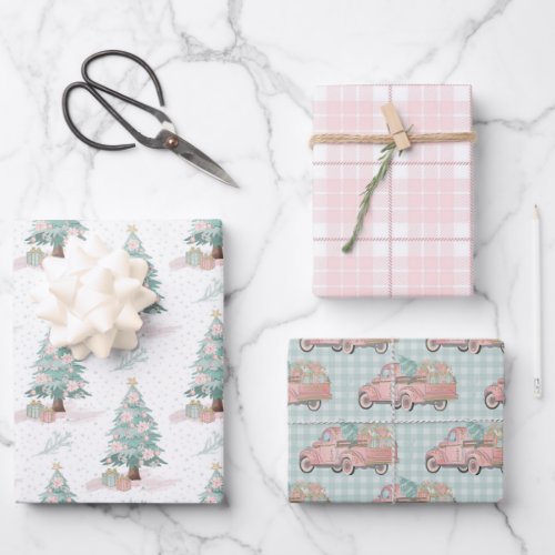 Winter Truck Tree Pink Plaid Pastel Christmas Wrapping Paper Sheets