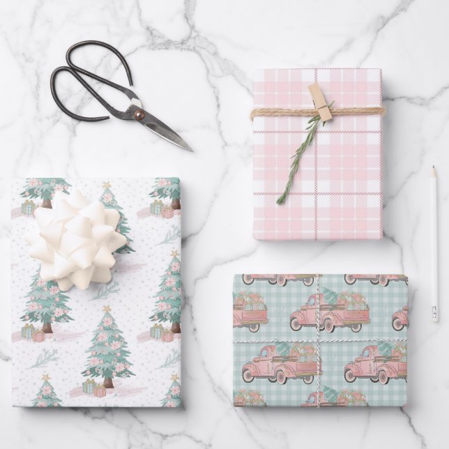 Winter Truck Tree Pink Plaid Pastel Christmas Wrapping Paper Sheets (Front)