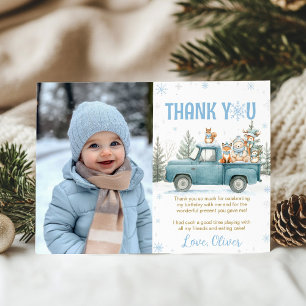 Winter Truck Woodland Animals Birthday Photo Thank You Card