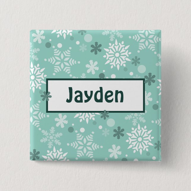 Winter Turquoise-Blue Birthday Party Name Button (Front)
