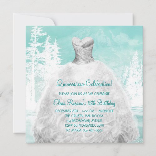 Winter Turquoise Blue Snowflakes Quinceanera Personalized Announcement