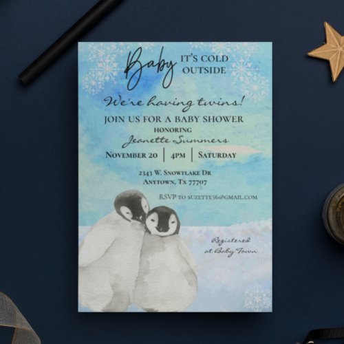 Winter Twins Penguin Baby Shower Cold Outside  Invitation
