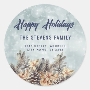 Winter typography Happy Holidays pine cone floral Classic Round Sticker