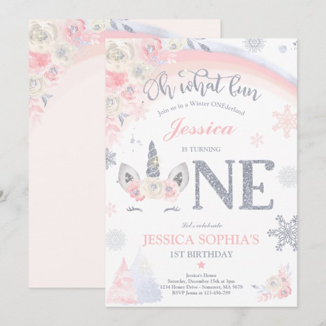 Winter Unicorn 1st Birthday Pink & Silver Unicorn Invitation (Front/Back)