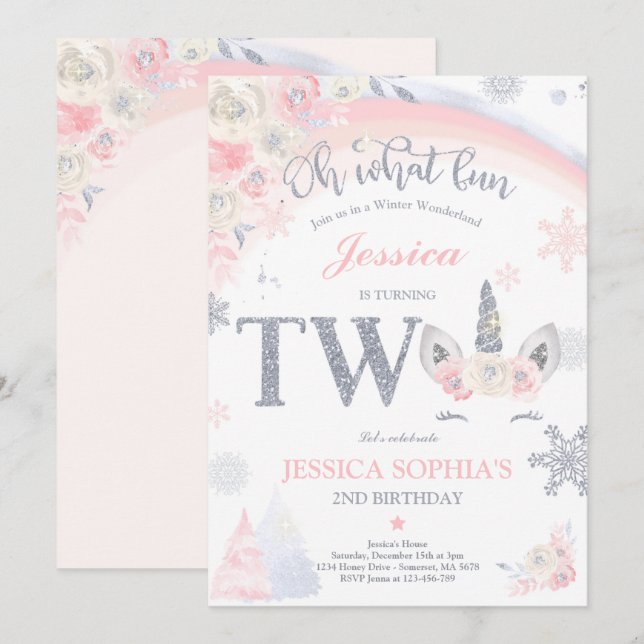 Winter Unicorn 2nd Birthday Pink & Silver Unicorn Invitation (Front/Back)