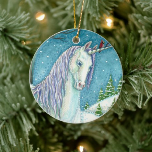 WINTER UNICORN AND BIRDS, PEACEFUL SNOW FANTASY CERAMIC ORNAMENT