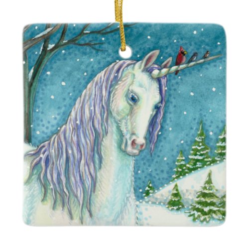 WINTER UNICORN AND BIRDS, PEACEFUL SNOW FANTASY CERAMIC ORNAMENT