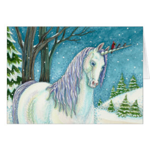 WINTER UNICORN AND BIRDS, PEACEFUL SNOW LANDSCAPE