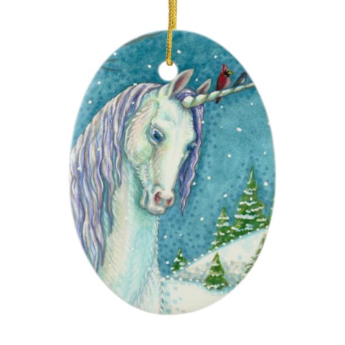 WINTER UNICORN AND BIRDS, PEACEFUL SNOW LANDSCAPE CERAMIC ORNAMENT