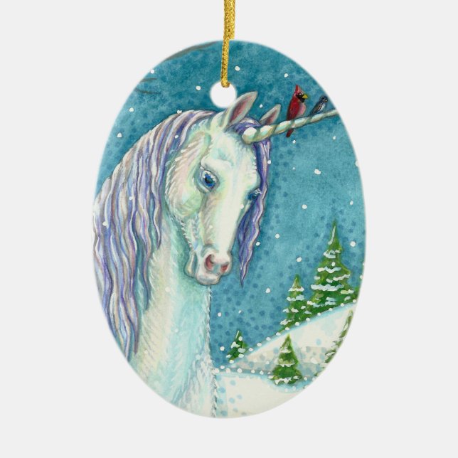 WINTER UNICORN AND BIRDS, PEACEFUL SNOW LANDSCAPE CERAMIC ORNAMENT (Front)