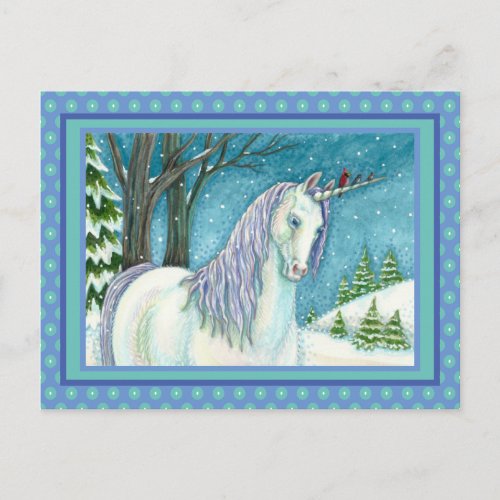 WINTER UNICORN AND BIRDS PEACEFUL SNOW LANDSCAPE POSTCARD