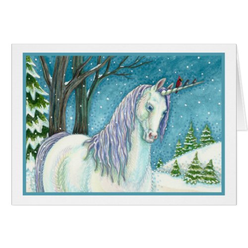 WINTER UNICORN AND BIRDS PEACEFUL SNOW NOTE CARD