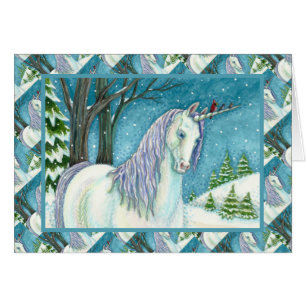 WINTER UNICORN AND BIRDS, PEACEFUL SNOW NOTE CARD