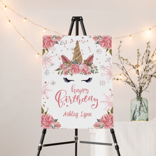 Winter Unicorn Girls Happy Birthday sign (In Situ (Stand))