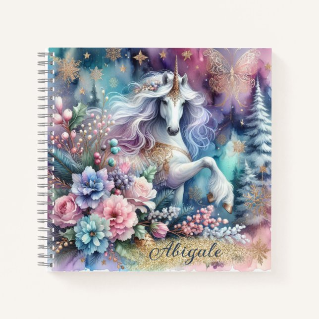 Winter Unicorn Magical Scene 4 - Personalize Notebook (Front)