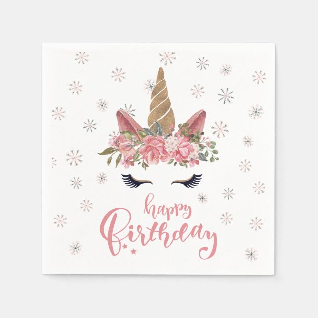 Winter Unicorn Pink Happy Birthday Napkins (Front)