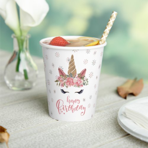 Winter Unicorn Pink Happy Birthday Paper Cups