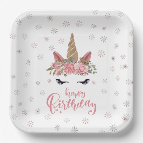 Winter Unicorn Pink Happy Birthday Paper Plates