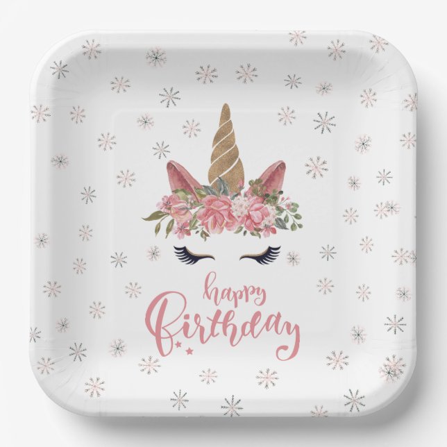 Winter Unicorn Pink Happy Birthday Paper Plates (Front)