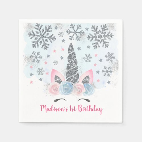 Winter Unicorn Pink  Silver Magical Birthday Napkins