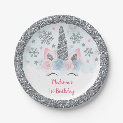 Winter Unicorn Pink  Silver Magical Birthday Paper Plates