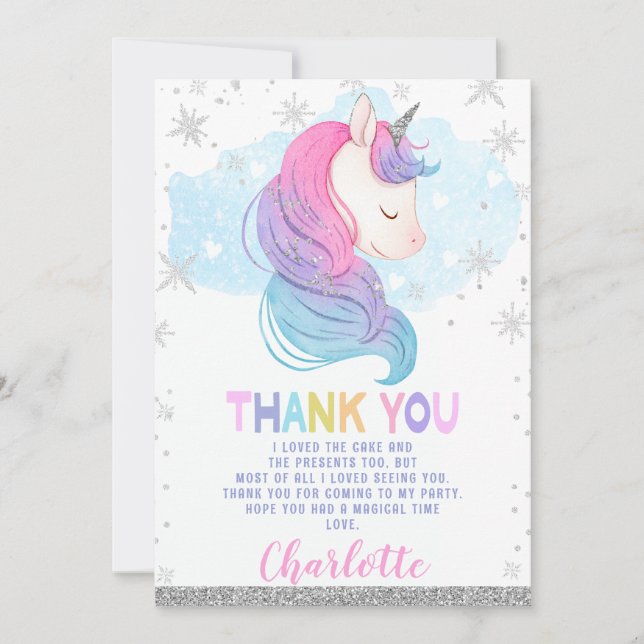Winter Unicorn Rainbow Birthday Thank You Card (Front)