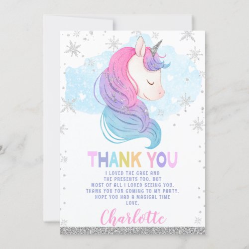 Winter Unicorn Rainbow Birthday Thank You Card